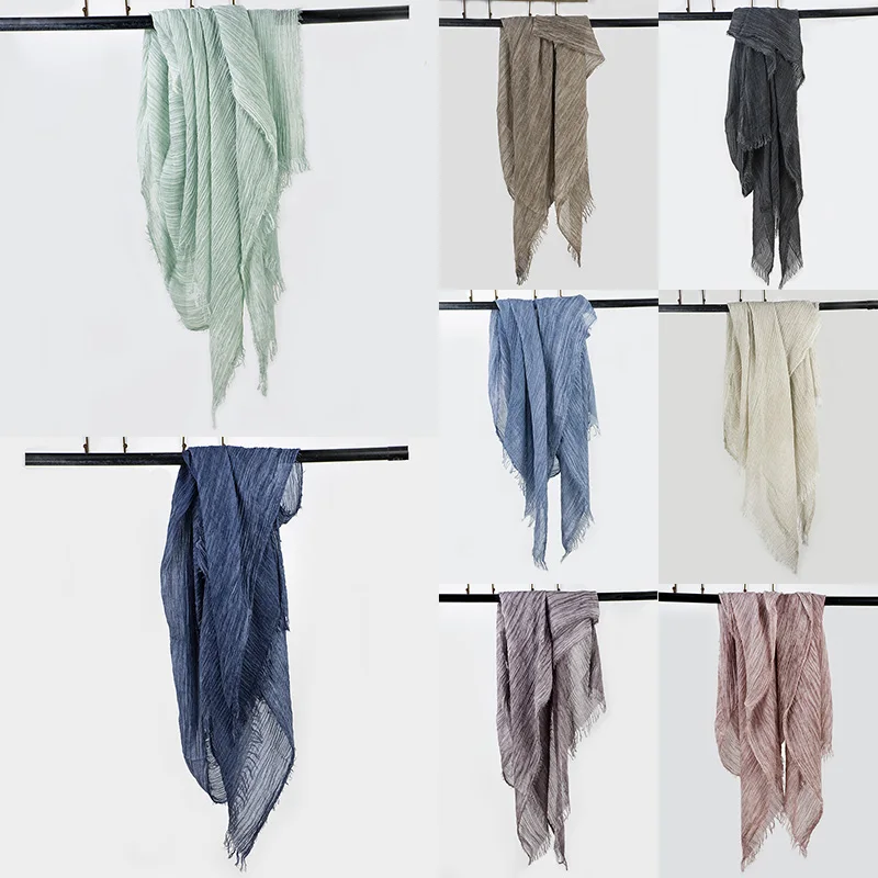 

Tassel Scarves Cotton Linen Pleated Men Scarf Autumn Warm Soft Shawls Solid Color Long Unisex Style Winter Scarf Vintage Thin