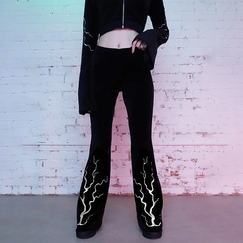 

Goth Gothic Flame Embroidery Black Flare Pants Women Grunge Aesthetic Trousers Women High Waist Velvet Long Pants Streetwear
