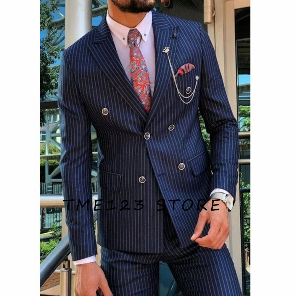 

Stripe Fashion Suit for Men Slim Fit Double Breasted Blazer Pants 2 Pieces Set Prom Wedding Business Men Suit Shawl Lapel Tuxedo