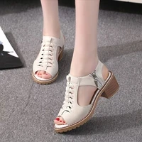 2022 new womens square heel summer shoes leather zip sandals medium heel zip platform sandals high heels