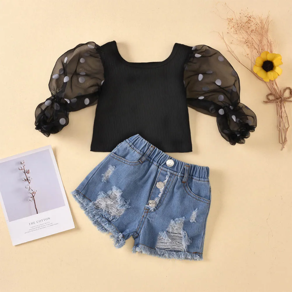 

Kids Girl Clothes Sets for 2-6 Years 2022 Girl Mesh Sleeve Anti-mosquito Short Sleeve Dot Top Denim Fashion Shorts Two Piece Set