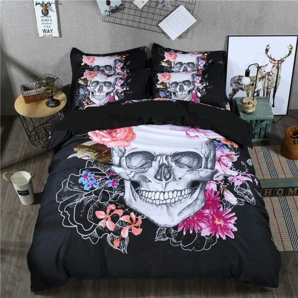 

Soft Comforter Cover with Zipper Closure and 2 Pillow Shams Sugar Skull Duvet Cover Set,3D Printed Gothic Skull Bedding Set