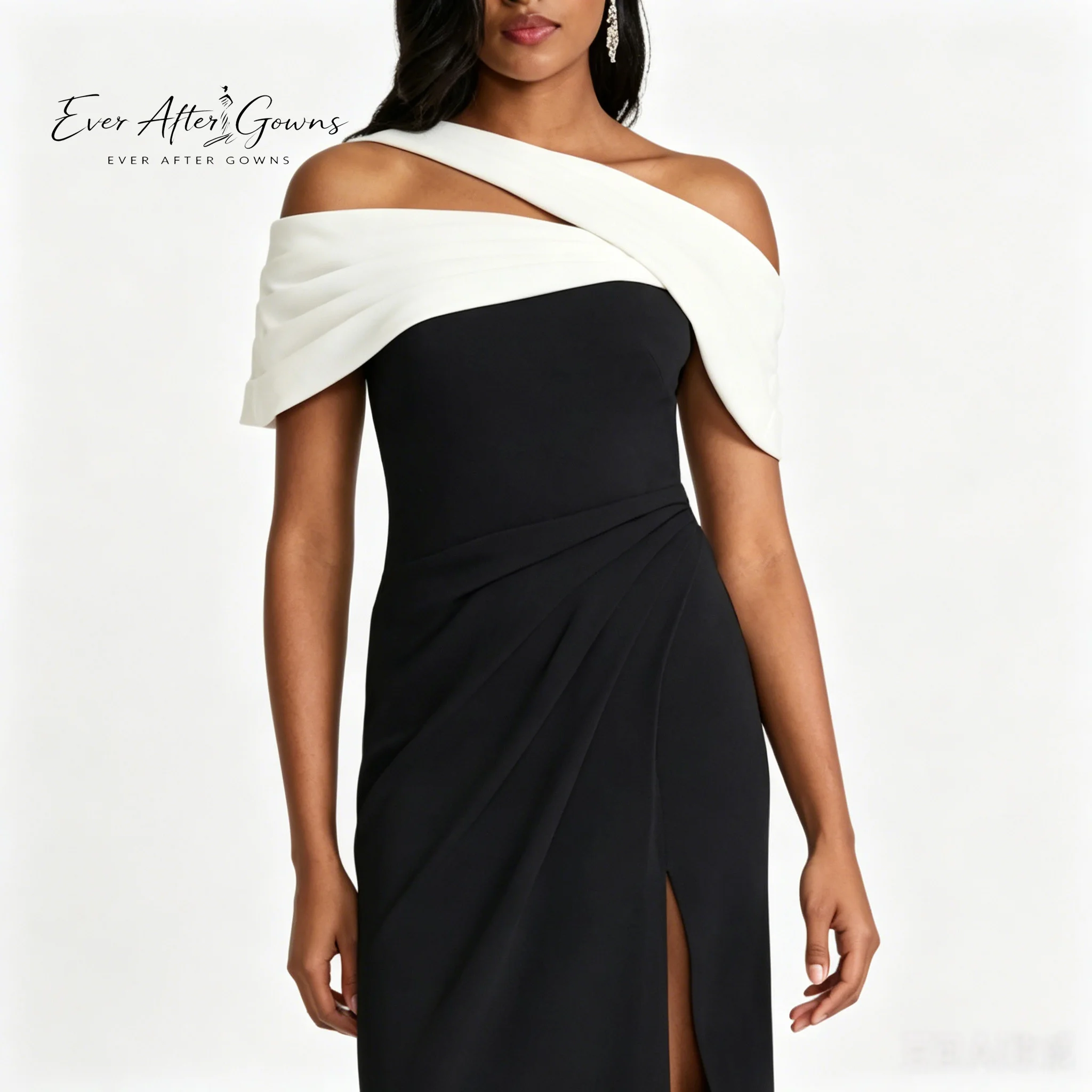 Вечернее платье Ever After Gowns: черно-белое, с одним открытым плечом, макси, с драпировкой на талии, высоким разрезом, для торжественных мероприятий и свадеб (art.: 3920db540aa60) - 3920db540aa60