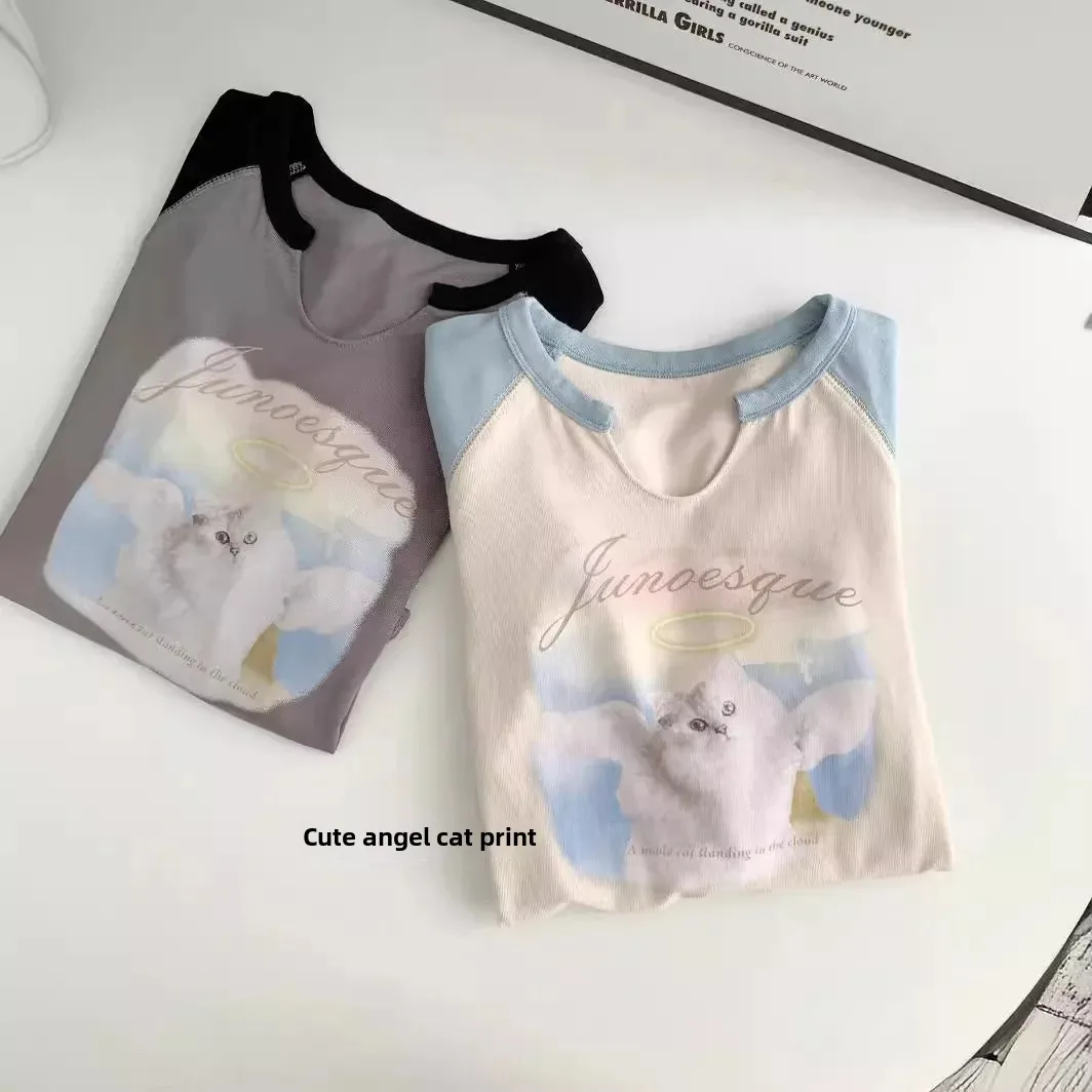 Новинка 2024 женская футболка с длинным рукавом и изображением кота базовый слой