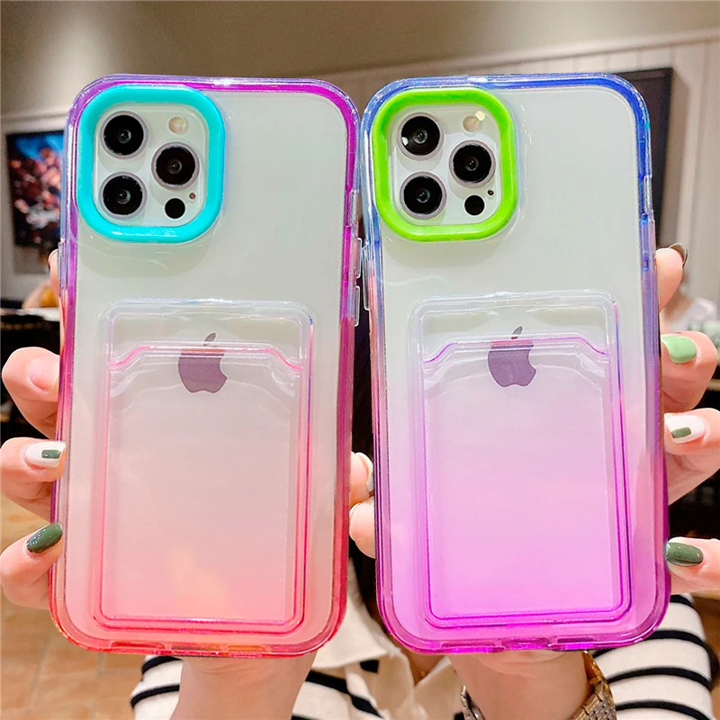

Gradient Card Bag Transparent Phone Case For iPhone 13 11 12 Pro Max XS X XR 7 8 Plus 12 13 Mini Soft Shockproof Back Cover