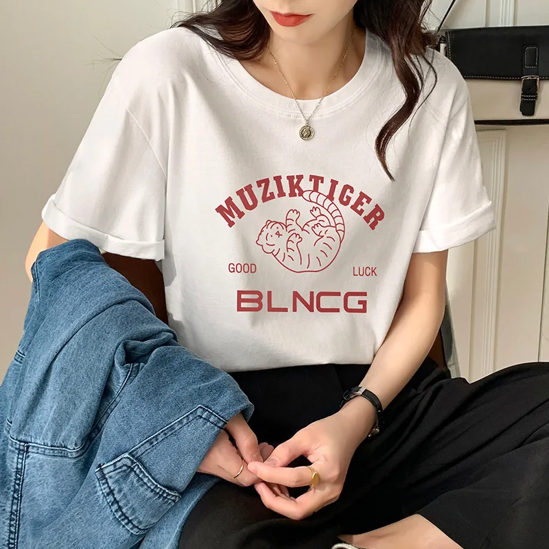 

Cotton Short Sleeve T-shirt Women 2022 Summer New Korean Version of Ins Tide Loose Cartoon Letter Print Half Sleeve Base Shirt