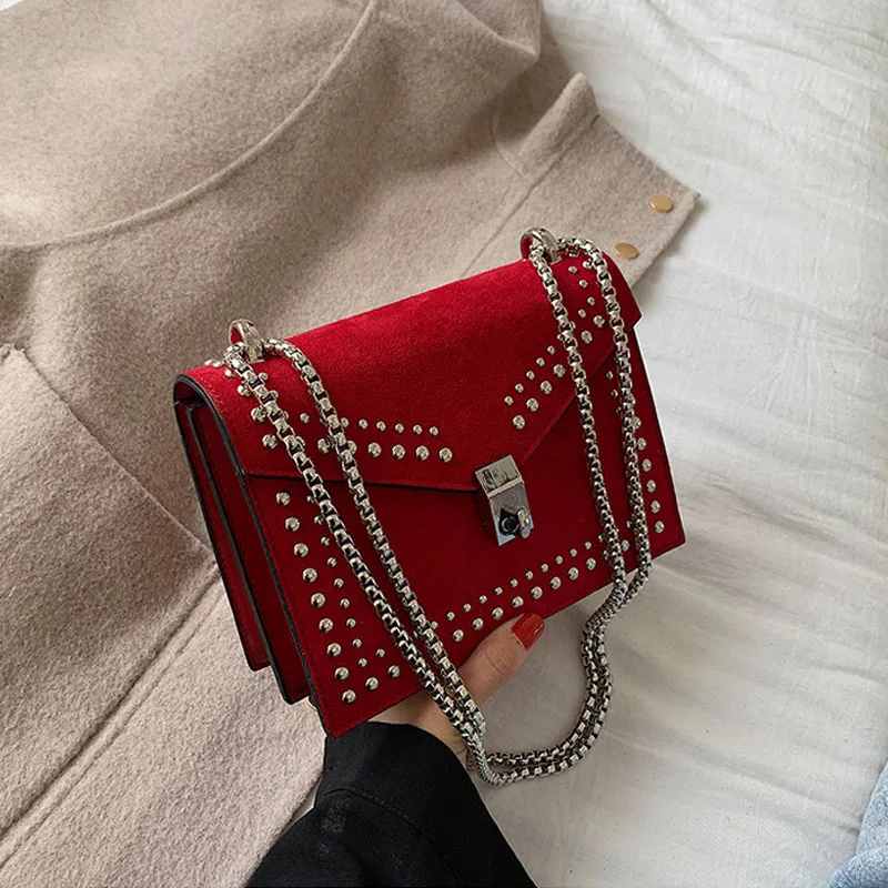 

New Chain Rivet Lock Designer Crossbody Bags for Women Luxury Handbags Travel Red Shoulder Messenger Bag Ladies Small Flaps