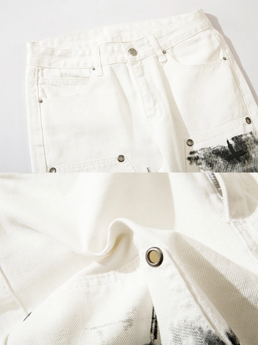 Four Seasons Men's Jeans Spoof Portrait Graffiti Print High Street Loose Jeans Streetwear Fashion Pants Unisex Straight White