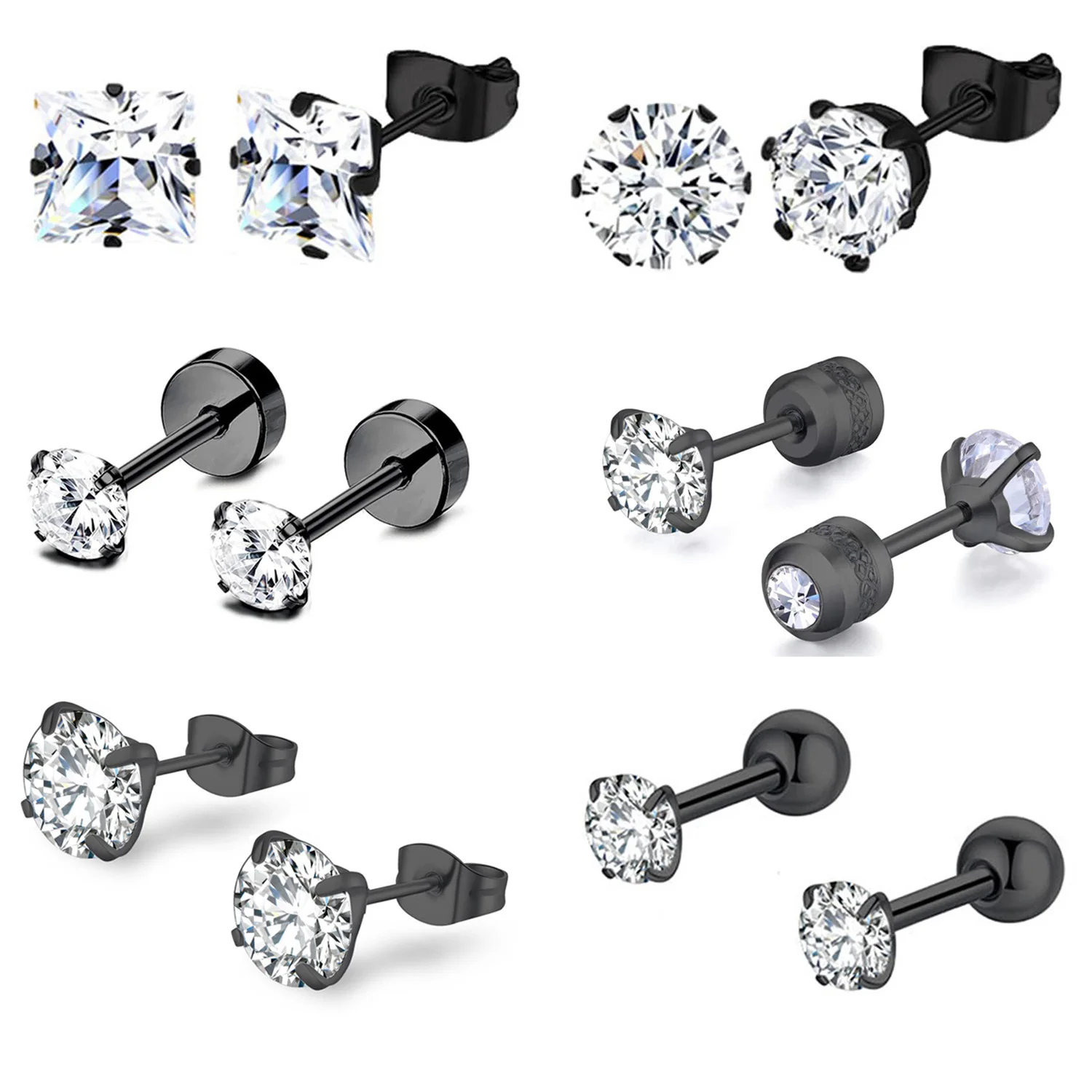 

2pcs 3-8mm Small Black Color Earrings Stone CZ Crystal Ear Studs Surgical Steel Cubic Zirconia Helix Earring Women Accessories