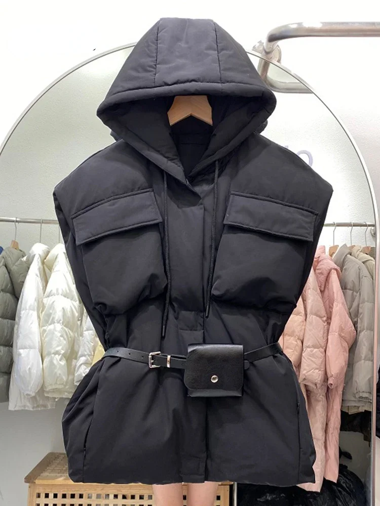 

Fashion 2023 Winter Jacket Vest Women 90% White Duck Down Coat Sleeveless With Waist Bag Female Thick Loose Hooded Waistcoat