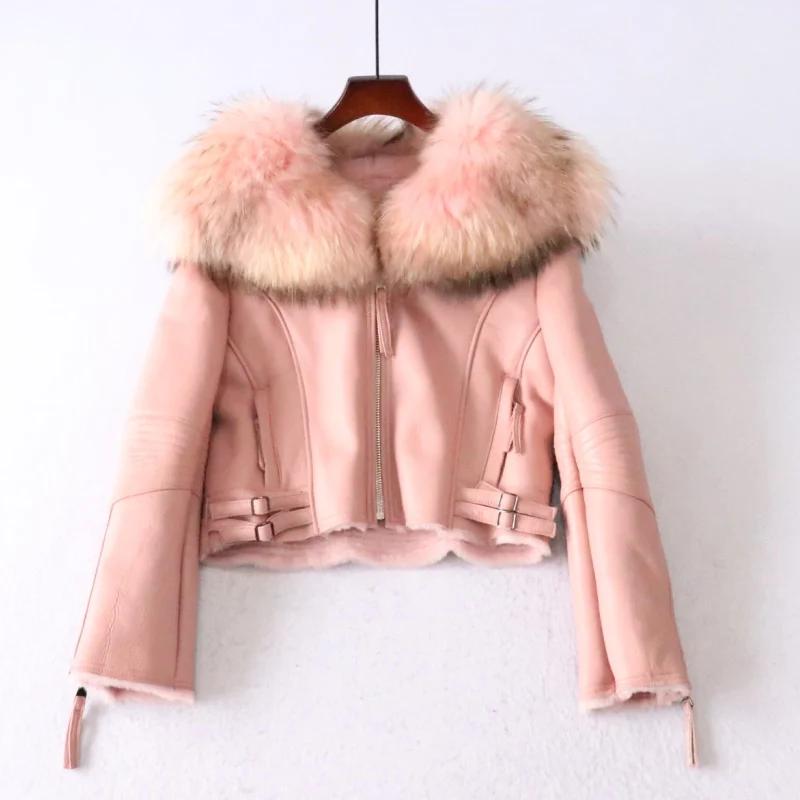 OFURTEBUY Winter Warm Big Fur Collar Oversized Shearling Coat With Lamb Fur Lining Women Genuine Leather Jacket Ladies