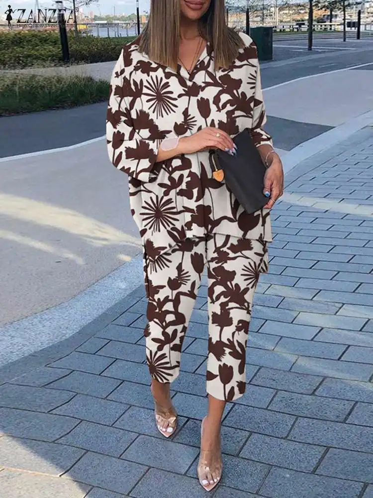 

Fashion Print Matching Sets Women Tracksuits 2022 ZANZEA Casual Long Sleeve Blouses Pants Female Summer Outifits Oversized 2PCS