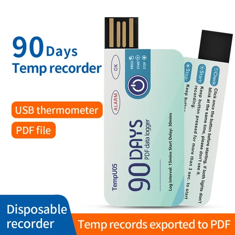 Одноразовый USB-регистратор данных о температуре TempU05, 60/90 дней, PDF-регистратор данных, регистратор температуры для склада холодной цепочки