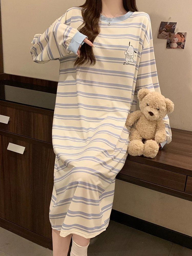 Stripe Pajamas Women Spring and Autumn Pure Cotton Cute Cartoon Long sleeve Nightdress With Chest Pad 2024 New Winter Homewear