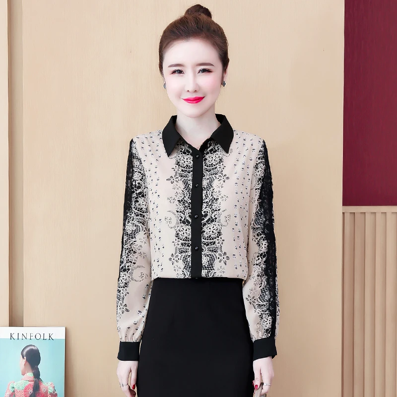 

Chiffon Print Women's Blouse Loose Polo Shirt Summer Casual Long Sleeve Top Fashion