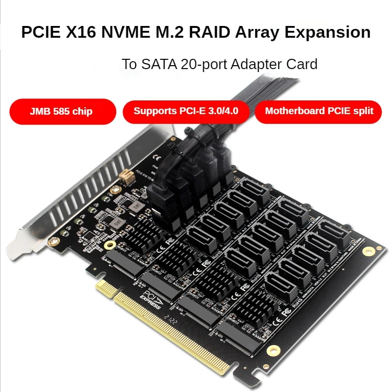 Pci-e X16 Sinal Divisão Matriz Cartão M.2 Nvme Disco Cartão Raid Expansão Pcie 16x para Sata 20-port Extended Adaptador Cartão Jmb585 Chip