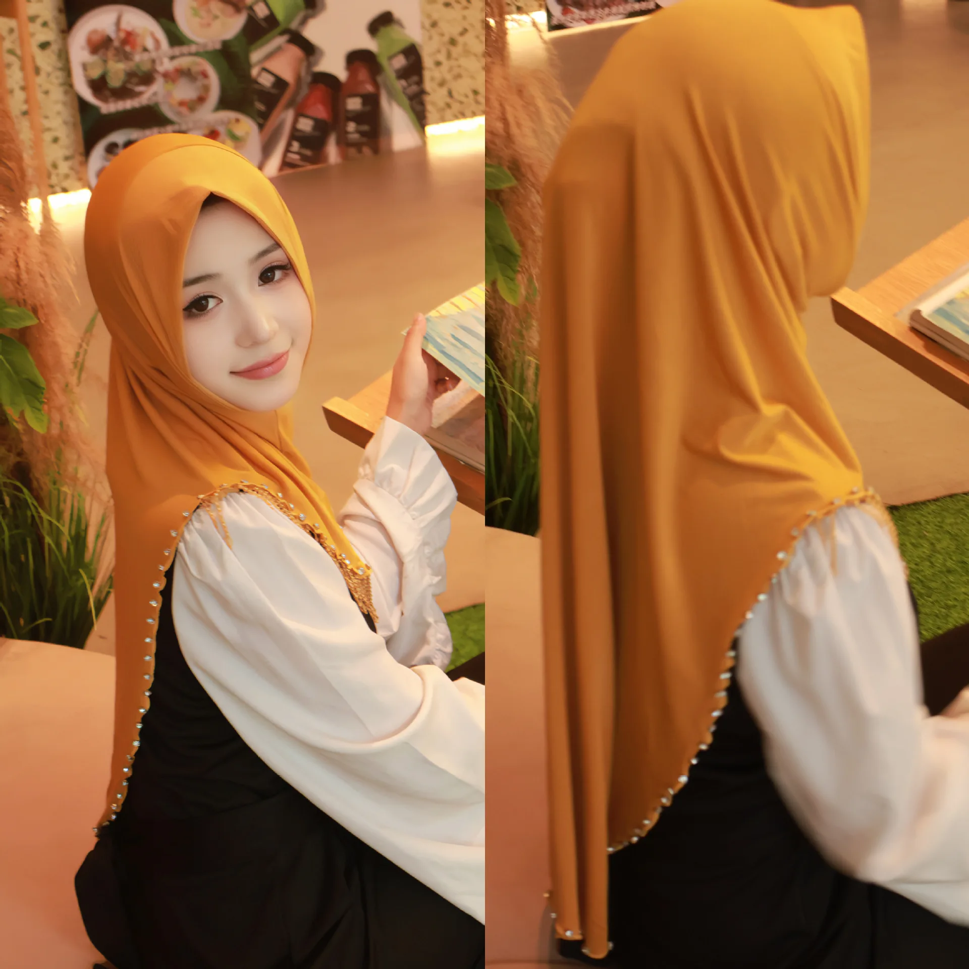 Мусульманский хиджаб с кисточками однотонный из бисера арабский женский