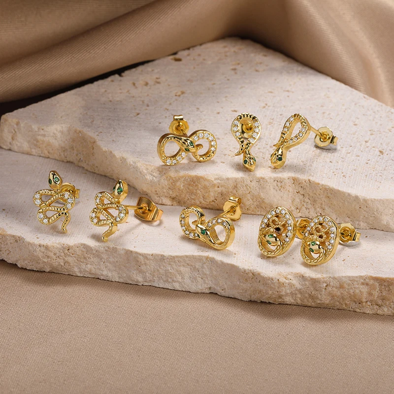 

Vintage Gold Snake Earrings For Women Gothic Punk Animal Snake Stud Earrings 2022 Crystal Zircon Ear Piercing Jewelry Party Gift