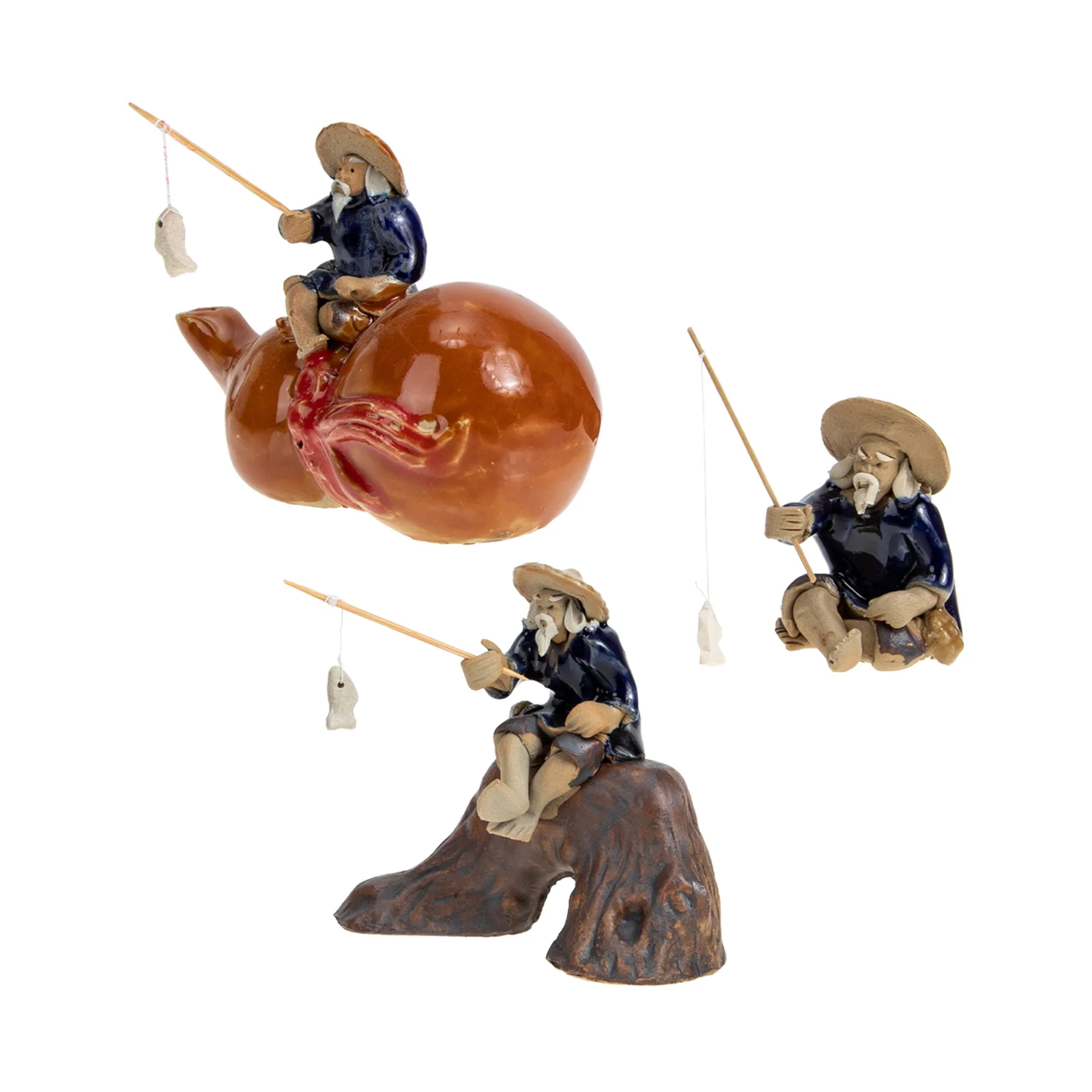 

3pcs Ceramic Fisherman Statue Mini Fisherman Adornment Rockery Landscape Decor