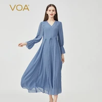 voa elegant edible tree fungus moon blue silk georgette dress sweet lady v neck horn long sleeves autumn woman dress chic ae1036