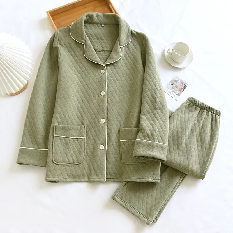 Warm Couple Pajamas Three-Layer Quilted Autumn Winter Sleepwear Set Thicken Air Cotton Casual Men's Home Clothes Women Pijamas