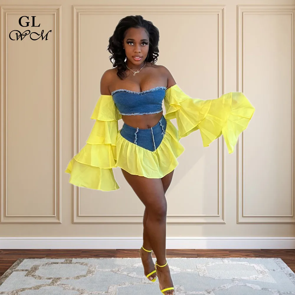 

S-2XL 2022 Summer Sexy Ruffle Sleeve Off Shoulder Fashion Patchwork Denim Two Piece Skirt and Crop Top Set Wolesale Dropshipping