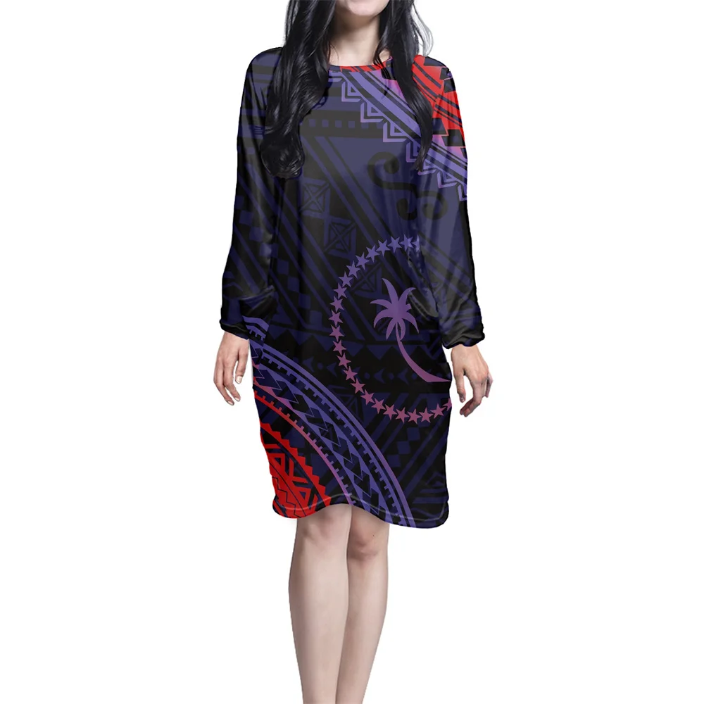 

Long Sleeve Party Casual Knee-length With Side Pockets Club Dress Design Polynesian Samoa Tribal Tattoo CHUUK Island Print Dress