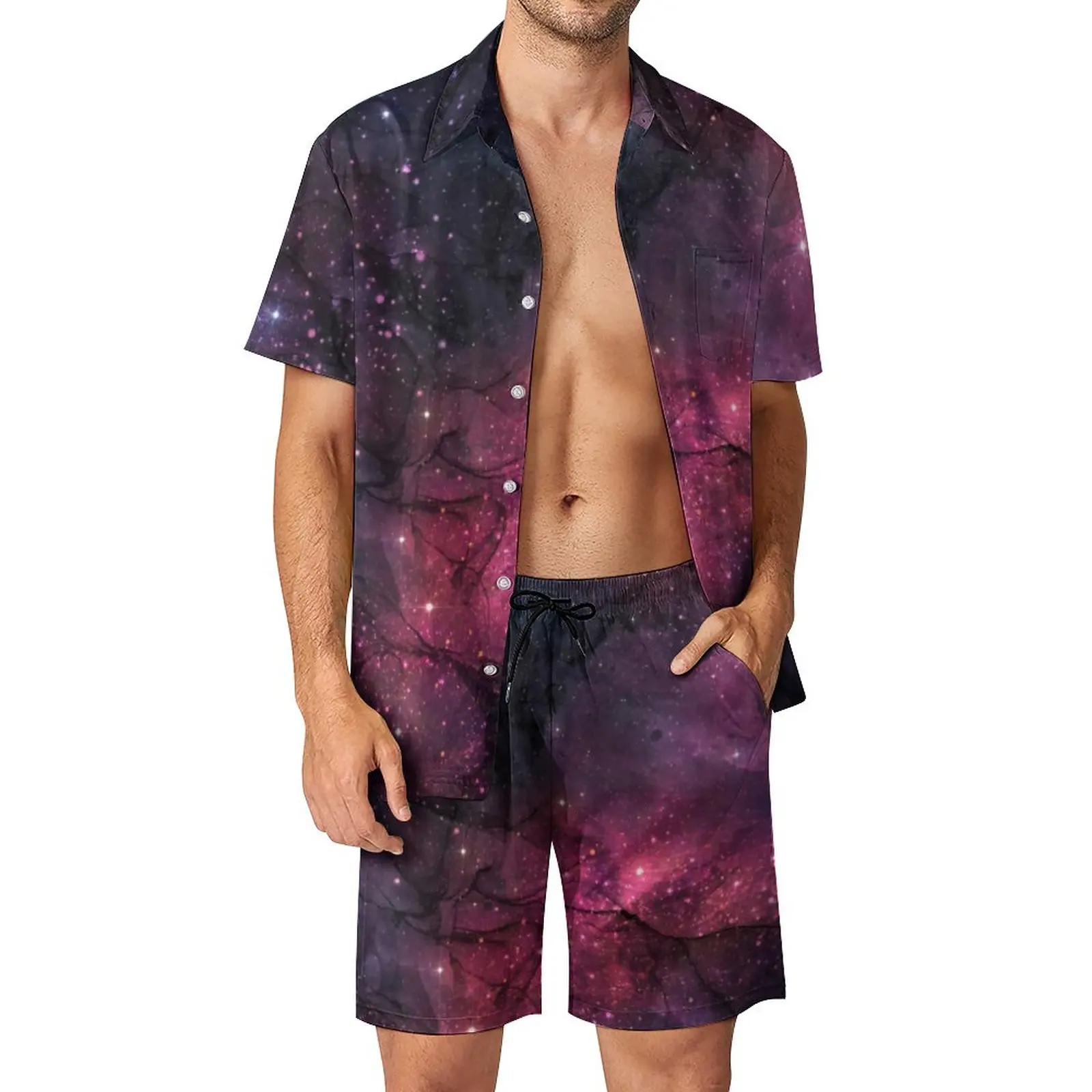 

Starry Star Outer Space Men Sets Galaxy Planetary Stars Pattern Casual Shorts Summer Novelty Beachwear Shirt Set Short-Sleeve