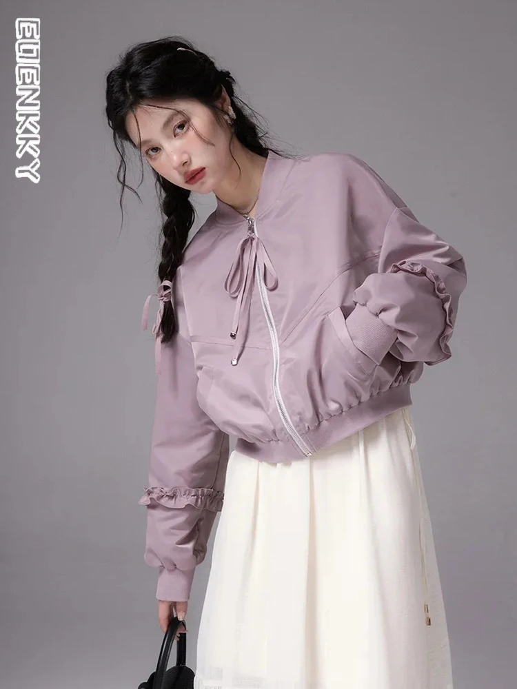 

Causal Cropped Jacket Women Summer Short College Ruffle Edge Track Jackets Woman Streetwear Zip Loose Sports Windbreaker 2023