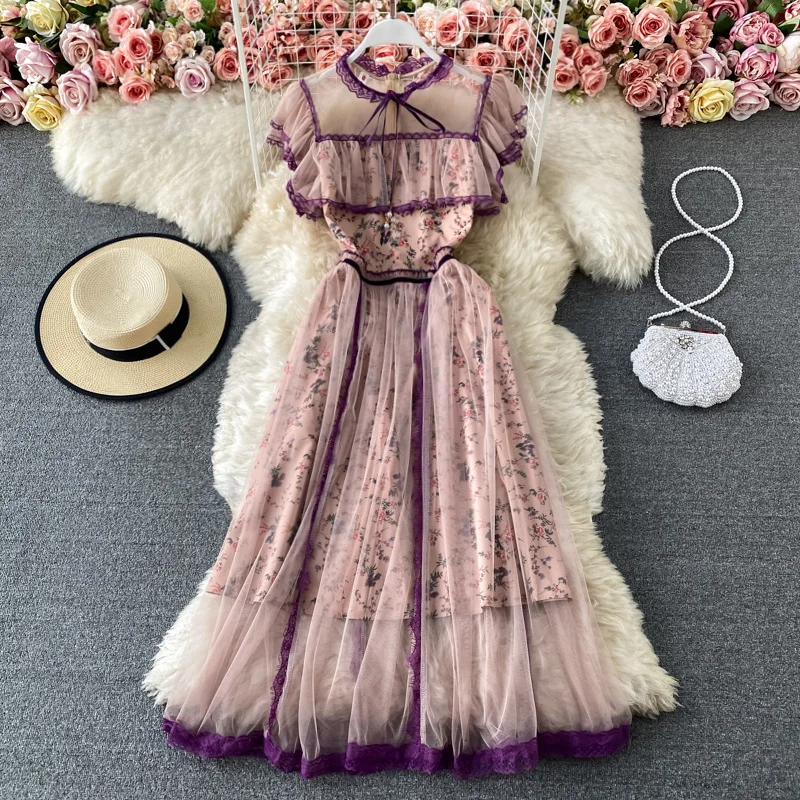 

2022 Summer New France Elegant Floral Print Long Dress Women Ruffled Patchwork Mesh High Waist Lady Round Neck Bow Party Dresses