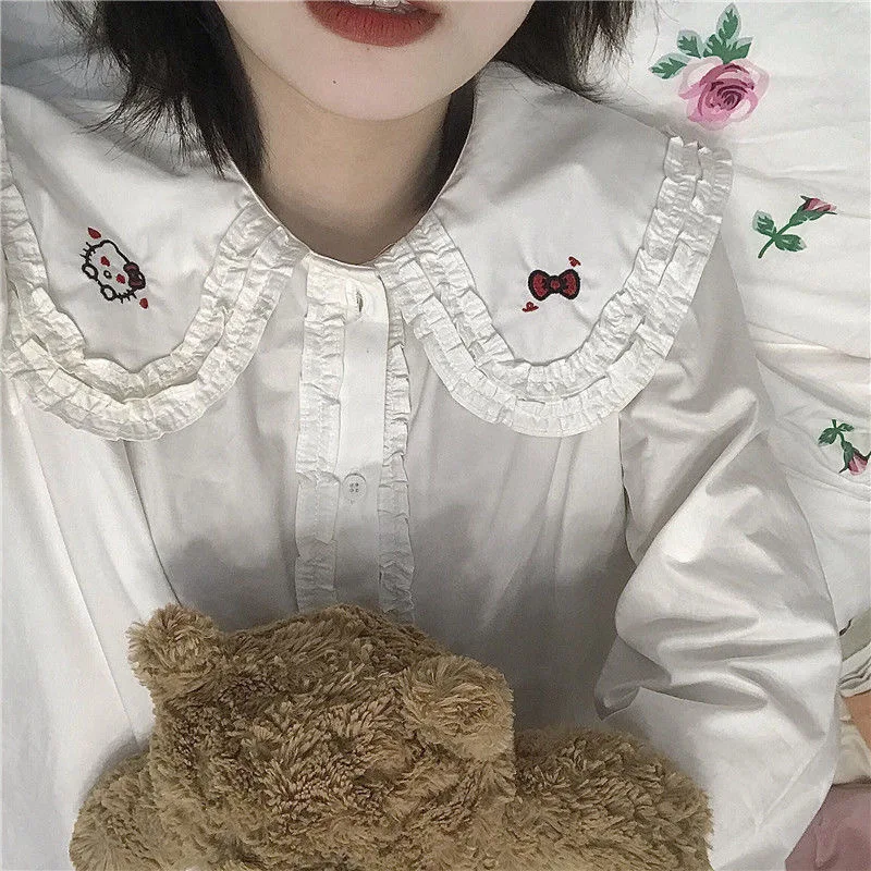 

Kawaii Hellow Kitty Sanrio плюшевая мультяшная Милая кошка плюшевая форма Jk рубашка женская с коротким рукавом аниме игрушки для девочки подарок на ден...