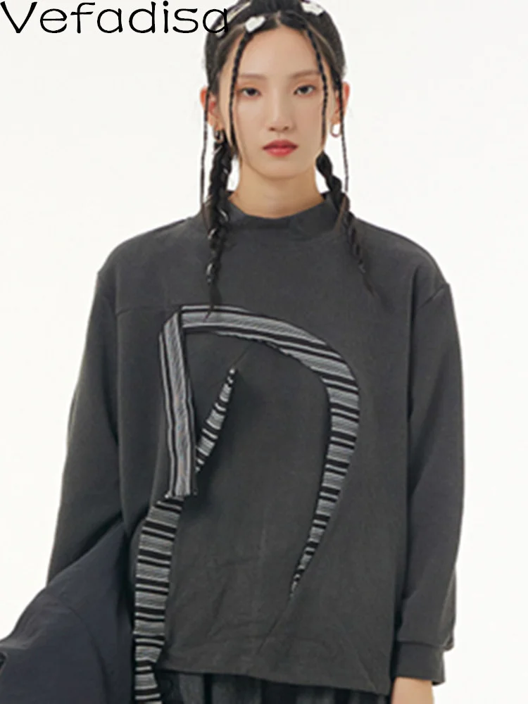 

Vefadisa 2023 Autumn Round Neck Pullover Sweatshirt Loose Retro Patches Splicing Irregular Sweatshirt Fashion Women's LHX3532