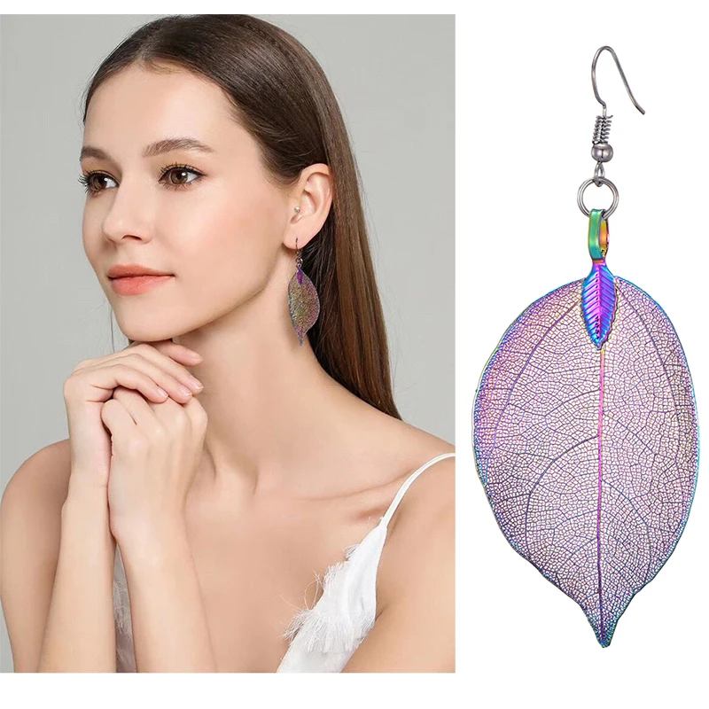 

Colorful Unique Natural Real Leaf Design Earrings For Women Jewelry Gift Bohemian Long Wedding oorbellen pendientes mujer mod