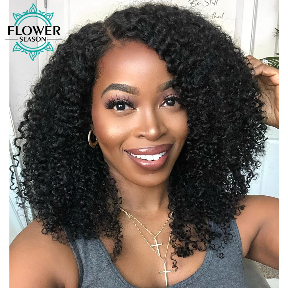 

Curly U Part Human Hair Wig Indian Remy Kinky Curly Human Hair Wig for Black Women 180% 1x3 Middle U Shape Wigs Flowerseason