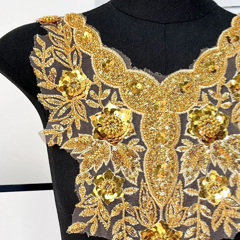 Золотая ручная работа расшитая бисером и блестками кружевная наклейка одежда