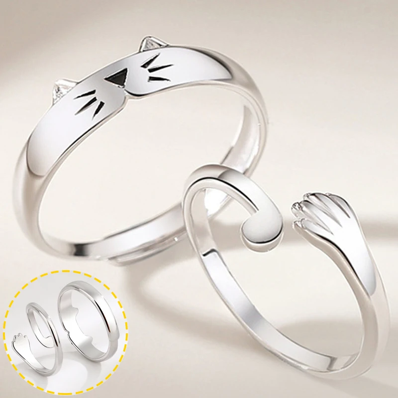 

New Creative Cartoon Animal Embrace Ring for Men and Women Cute Silver Cat Couple Rings Opening Adjustable Wedding Jewelry Gift