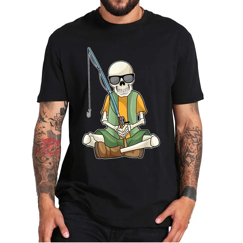 

Skeleton Fishing Rod Sunglasses T-Shirt Funny Design Casual Streetwear Summer Tee Top For Fisherman EU Size 100% Cotton