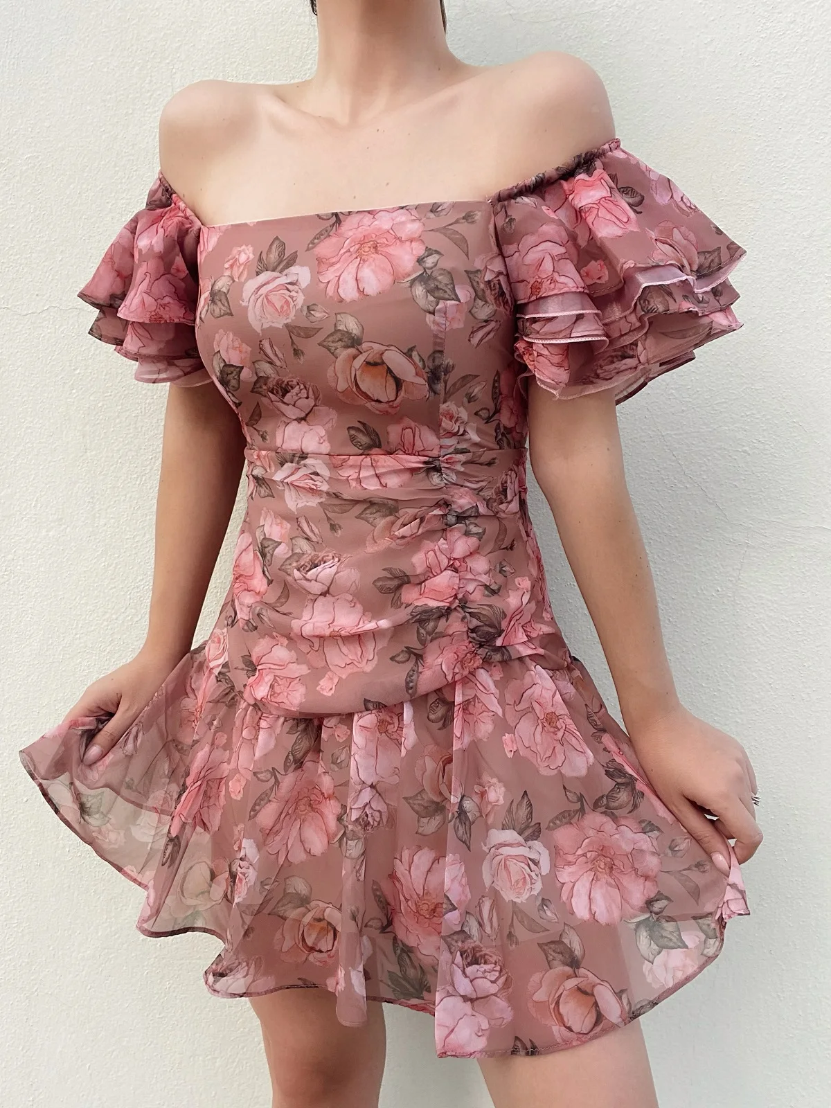 

Coffee Pink Ruffle Chiffon Dress