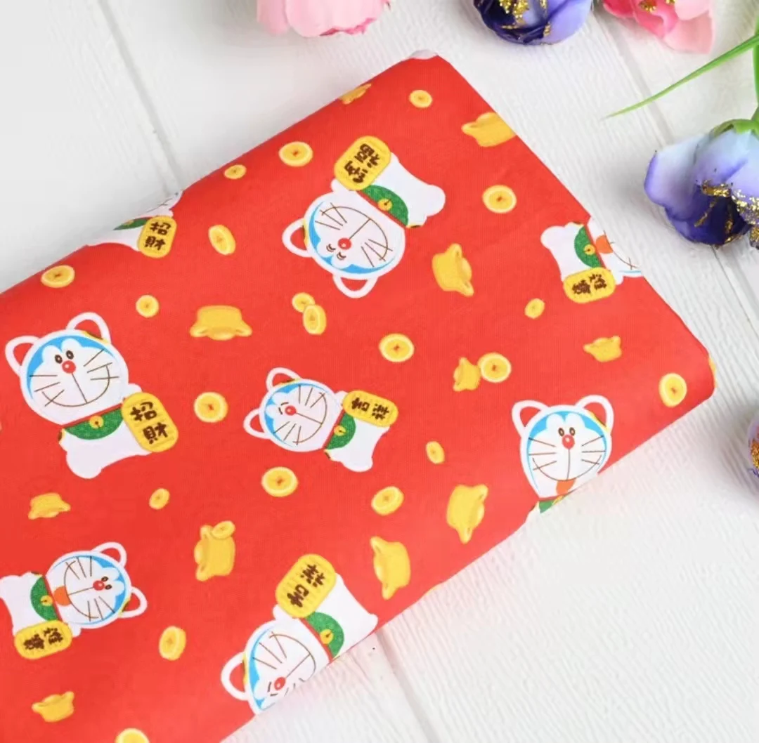Хлопчатобумажная ткань Showa с мультяшными персонажами Милая кошка-робот красная
