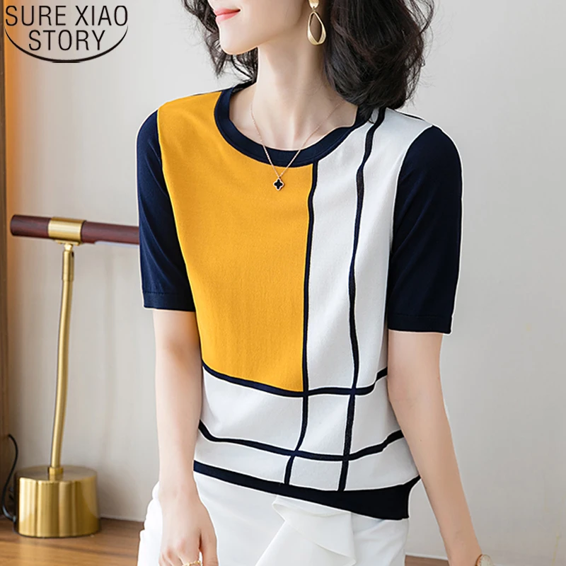 

Fashion Ice Silk Knitted Short Sleeve Shirt Women Summer Thin Clothes 2022 New Korean Loose Tops Bottoming Shirts Blouses 19352