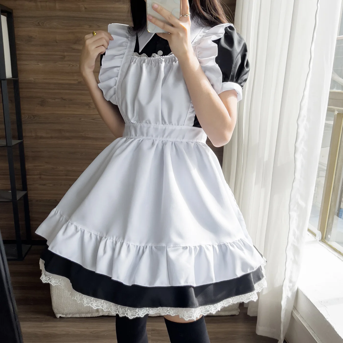 Coolfel Kawaii Black Lolita Maid Dress Women Cute Lace Bow Apron Cosplay Uniform Japanese Style Sexy Outfit Maid Dress