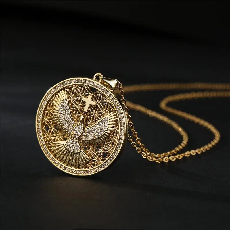 

Exquisite Hollow Holy Spirit Medal CZ Pendant Necklace for Women Gold Chain Short Necklace Amulet Jewelry Birthday Gift