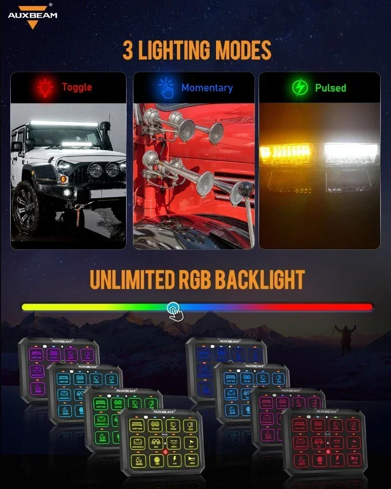 AUXBEAM 12-клавишная светодиодная панель переключателей RGB обновленное приложение