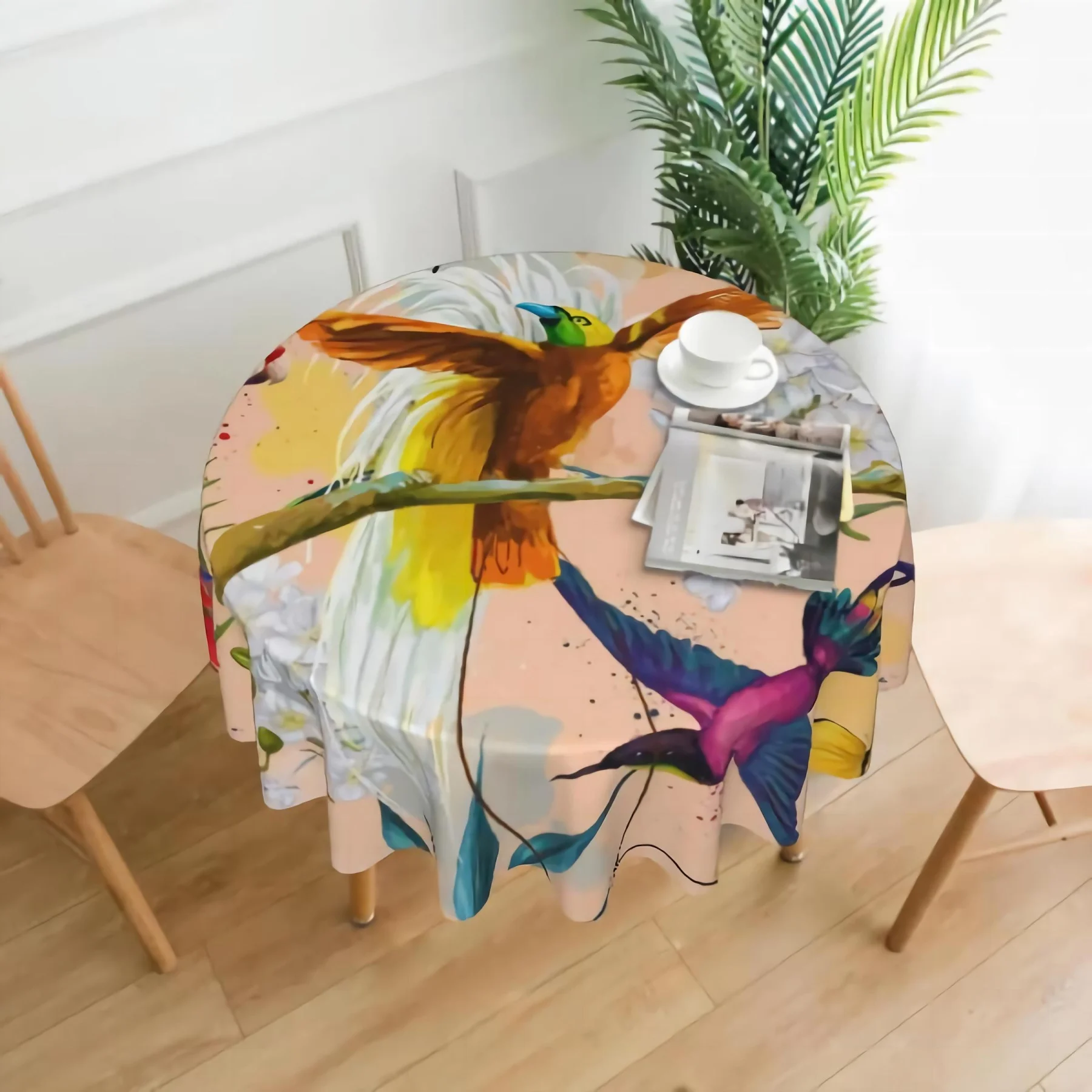 

Watercolor Beautiful Flowers and Bird Decorative 60" Round Polyester Tablecloth Washable Table Cloth Dinner Kitchen Home Decor