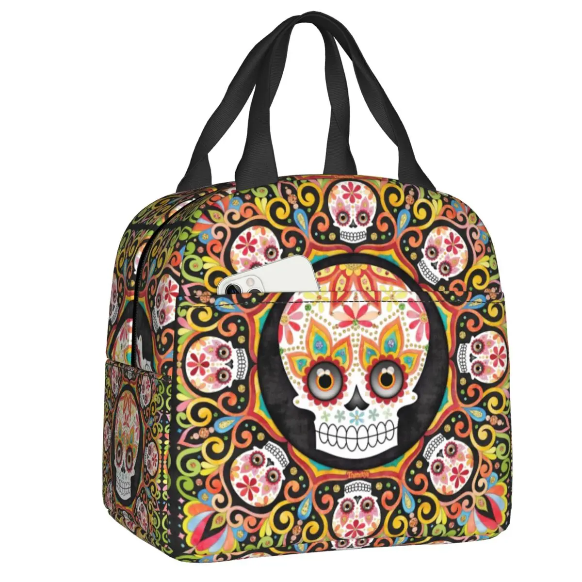 

Sugar Skull Mandala Art Insulated Lunch Tote Bag for Women Resuable Thermal Cooler Food Lunch Box School