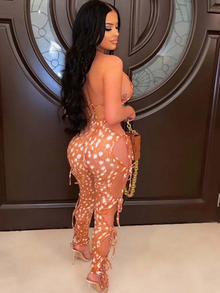 

New Chic Tie Legging Set (Brown/White) Two-Piece Suit Womens Printed Bra Top And Bandage Pant Set Nightclub Outfits