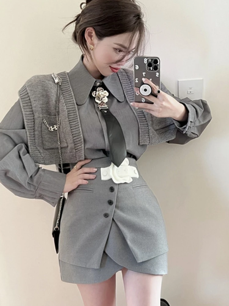 

Grey Shirts + Skirt + Tie + Vest Suit Female 2022 Spring Dress Ladies Knitted Vests Layered Shirt Royal Sister Three-piece Set