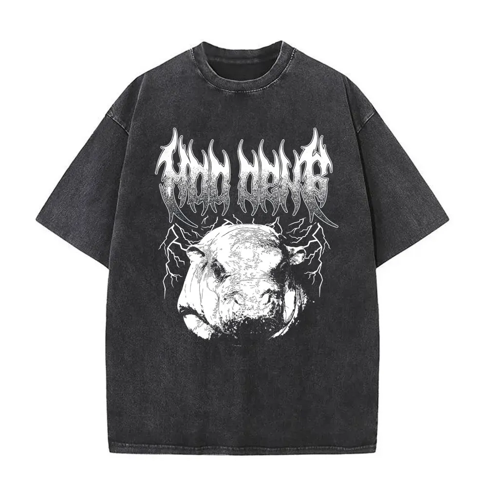 Washed Vintage Baby Hippo Moo Deng Heavy Metal Graphic T Shirt Fuuny Meme T-shirt Men Women Fashion Casual Oversized T-shirts