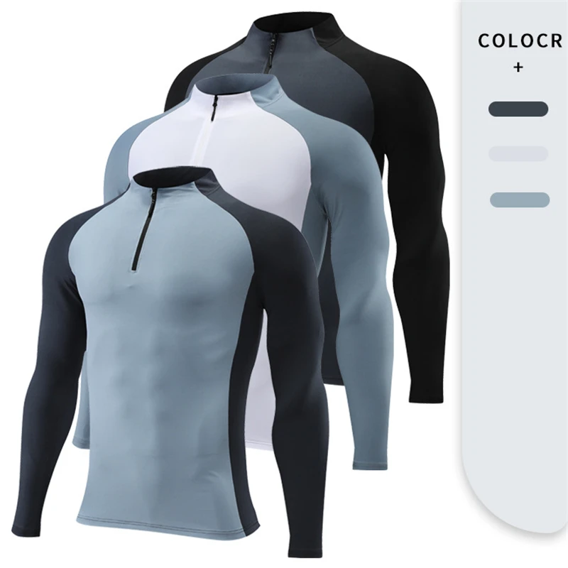 Men's Running Jogger Compression Long Sleeve Tops Skinny Shaper Gym Sweatshirt Quick Dry Fitness Tight Casual Zipper Up T-Shirt