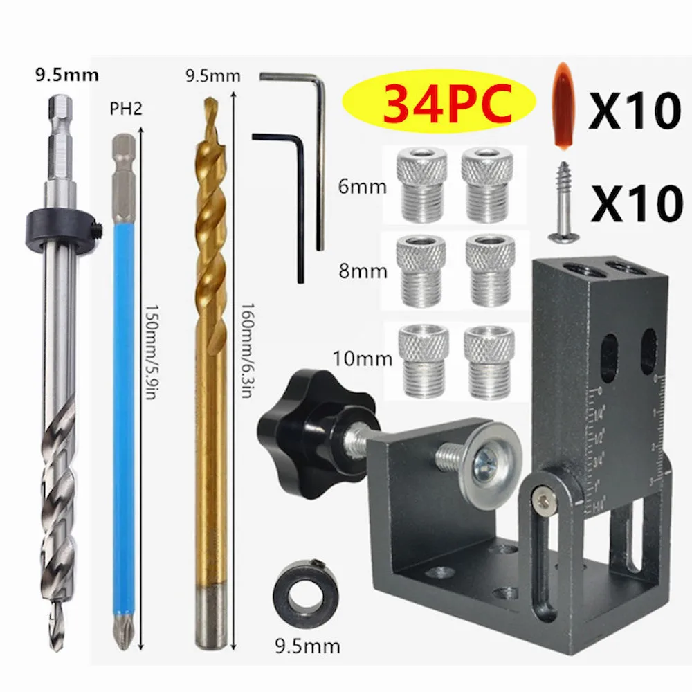 

Pocket Hole Screw Jig Woodworking Guide Positioner Aluminum Alloy 15 Degree Oblique Drill Angle Puncher Locator With Drill Bit